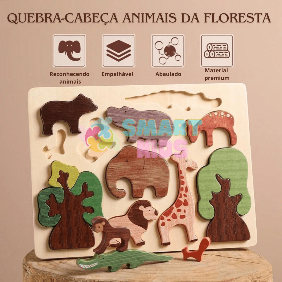 Quebra - Cabeça de Madeira 3D - Animais da Floresta - Brinquedo Montessori #Product_type# - Desenvolvimento infantil
